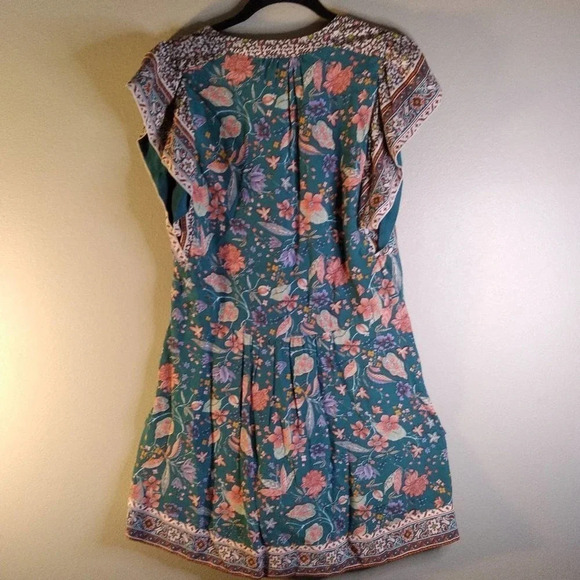 Anthropologie Floral Dress Flutter Sleeve Teal Coral XS - Picture 12 of 14